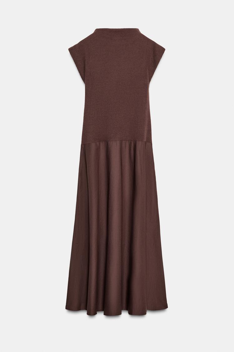 MIDI SOFT TWO-TONE DRESS WITH HIGH NECK