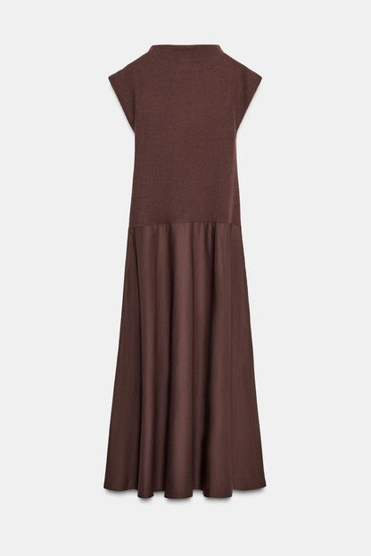 MIDI SOFT TWO-TONE DRESS WITH HIGH NECK